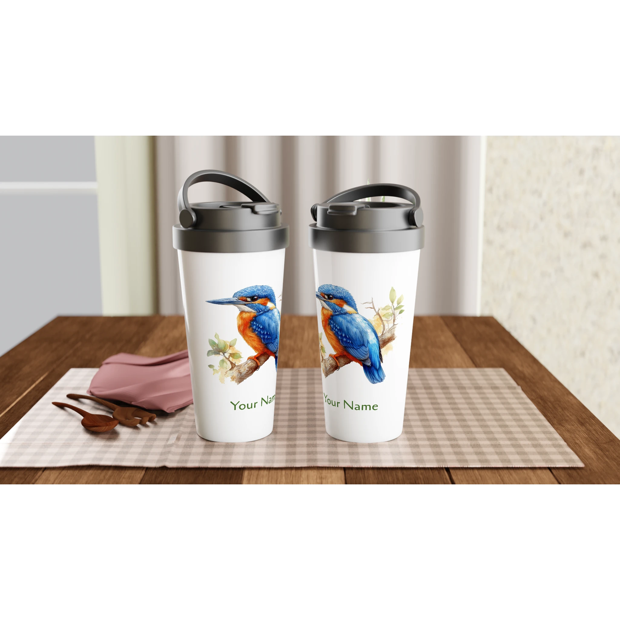 Personalise - Kingfisher, Australian Birds - White 15oz Stainless Steel Travel Mug Personalised Travel Mug animal Globally Fulfilled