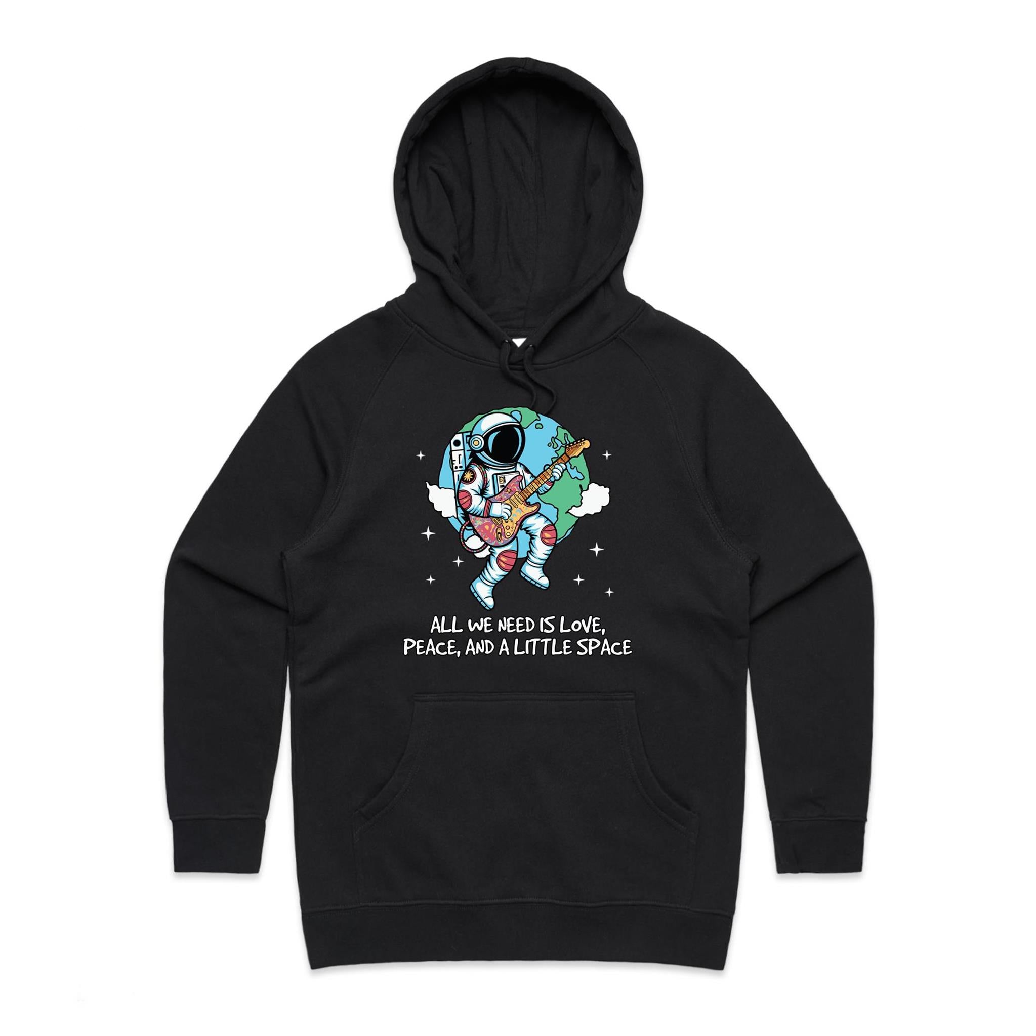 All We Need Is Love, And A Little Space, Astronaut - Womens Hoodie Black Womens Hoodie Love Music Printed In Australia Space