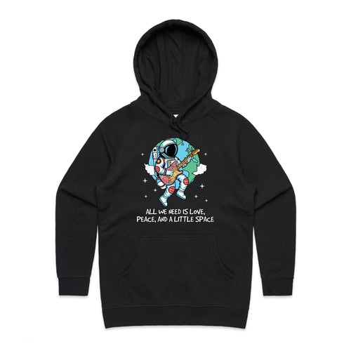 All We Need Is Love, And A Little Space, Astronaut - Womens Hoodie Black Womens Hoodie Love Music Printed In Australia Space