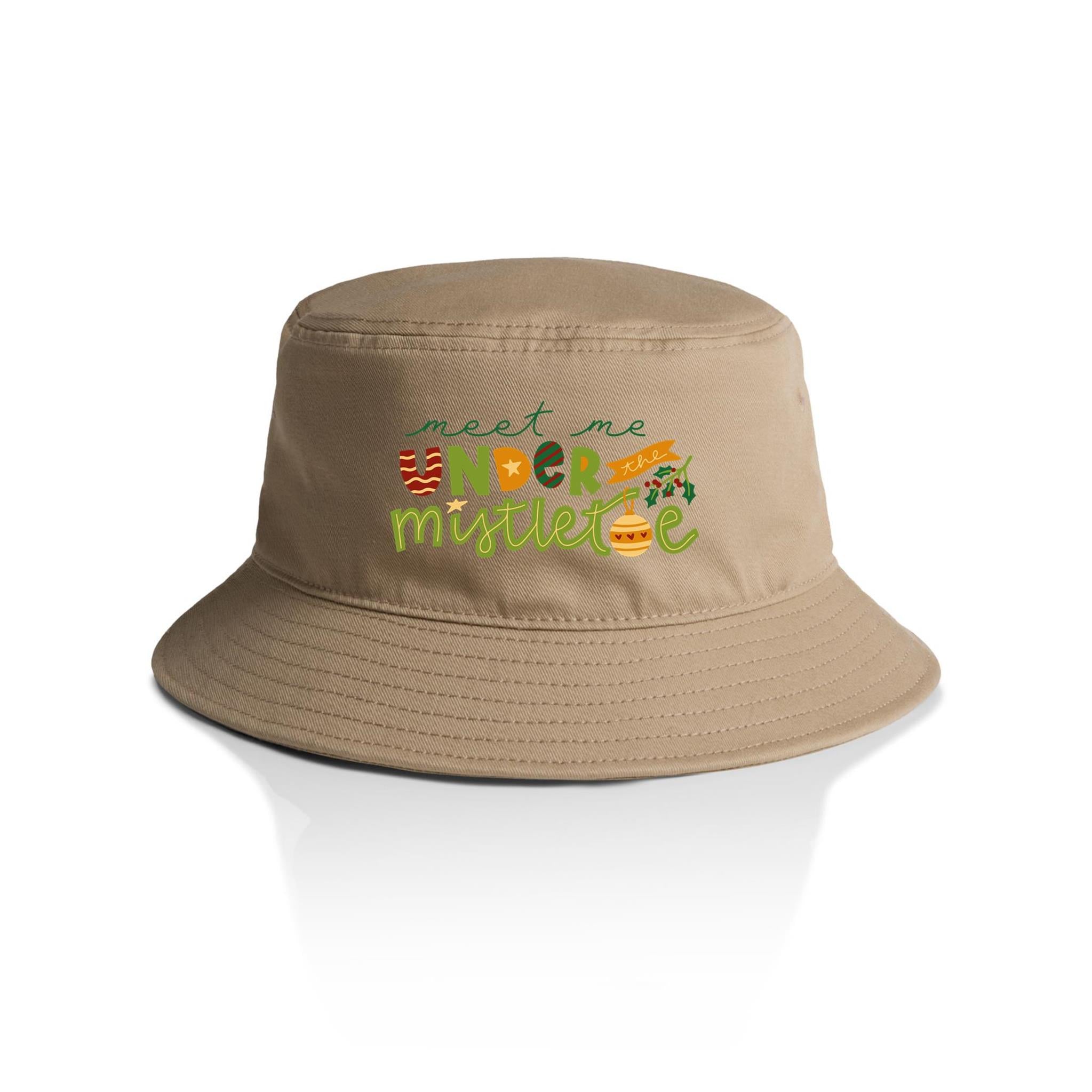 Meet Me Under The Mistletoe - Christmas AS Colour Bucket Hat Khaki One Size Christmas Bucket Hat Christmas Printed In Australia