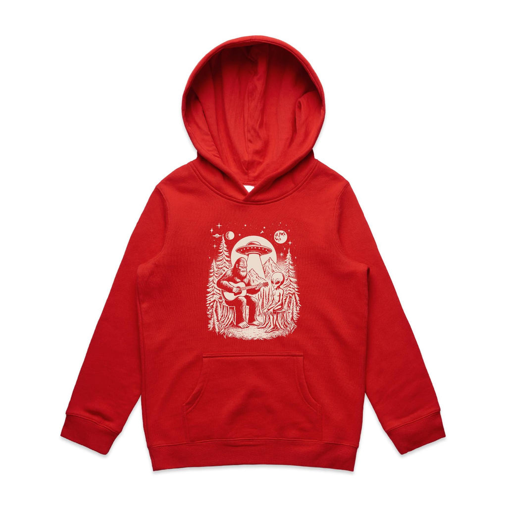 Alien And Bigfoot Playing Guitar - Kids Hoodie Red Kids Hoodie Printed In Australia