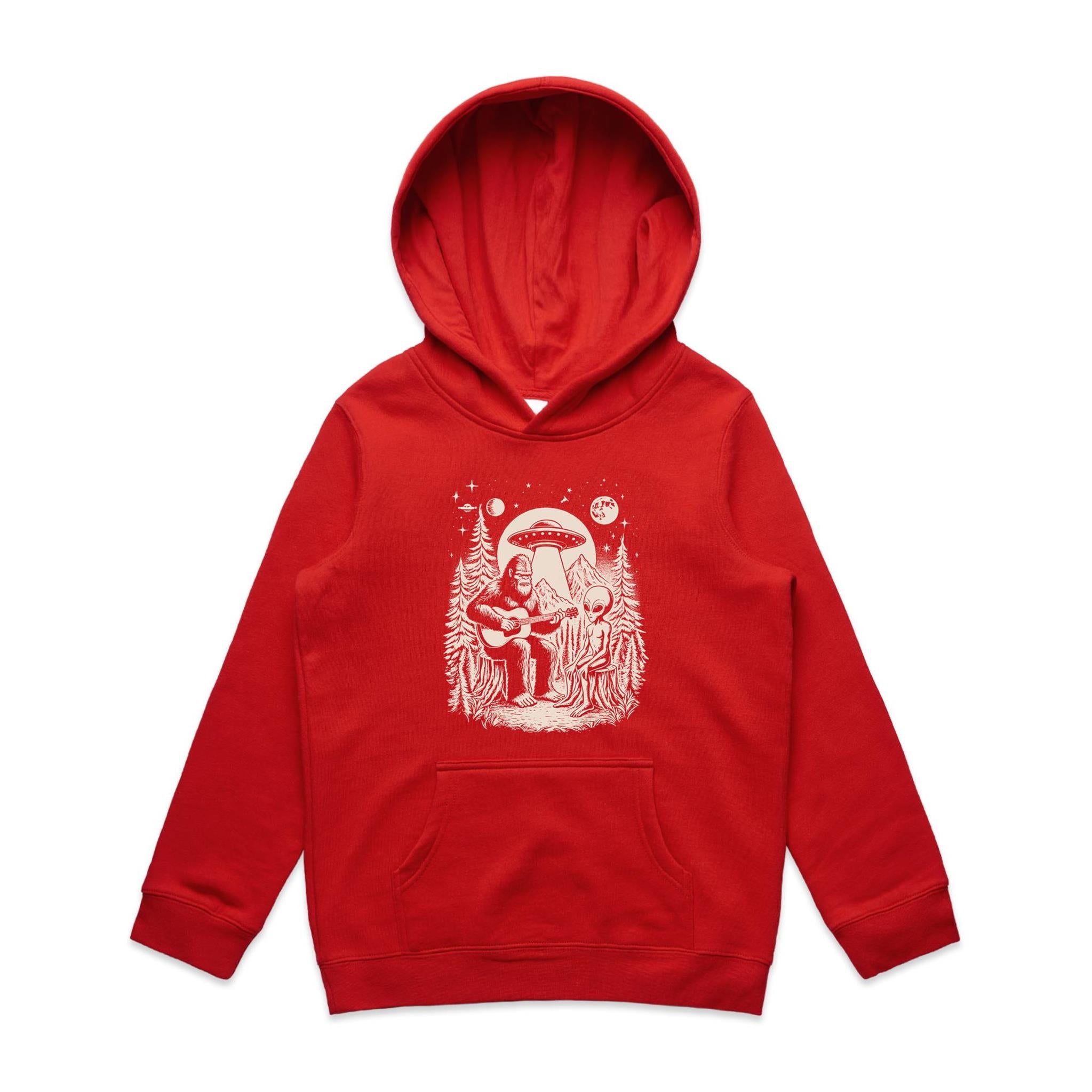 Alien And Bigfoot Playing Guitar - Kids Hoodie Red Kids Hoodie Printed In Australia