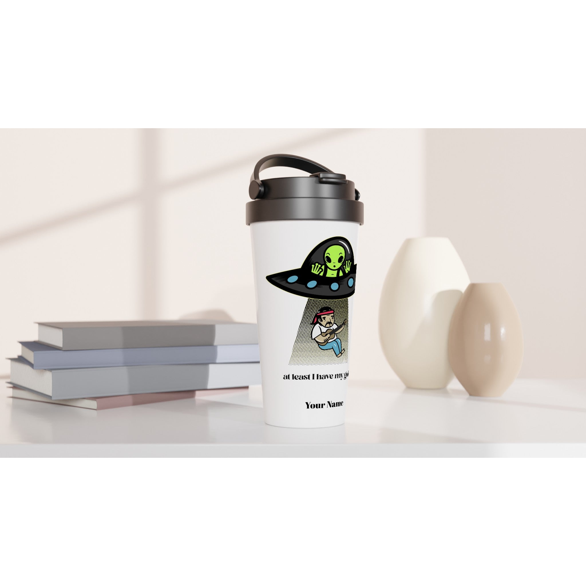 Personalised - Guitarist Alien Abduction - White 15oz Stainless Steel Travel Mug Personalised Travel Mug funny Globally Fulfilled Music Sci Fi