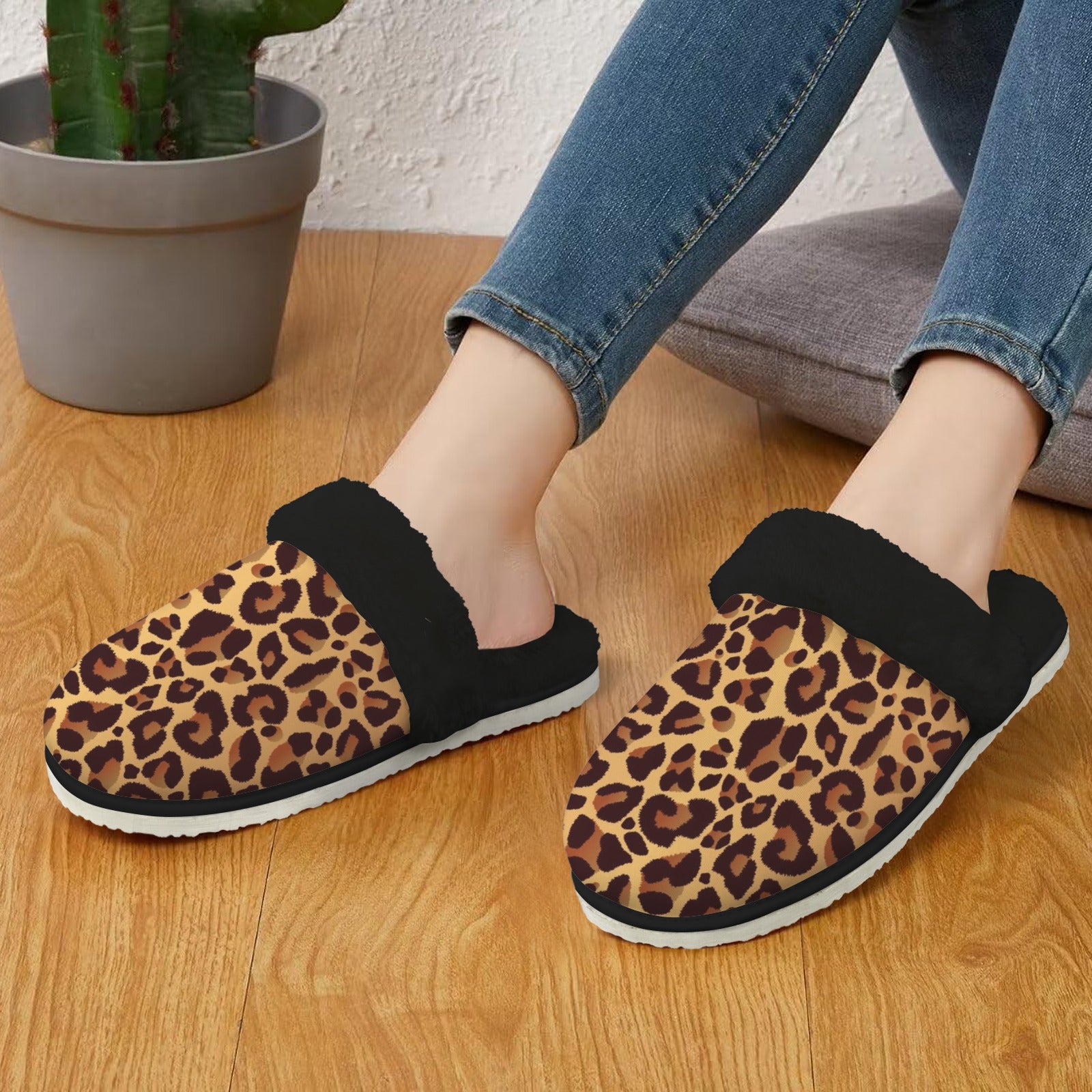 Leopard Print Women's Fur Trim Thick-Sole Indoor Slippers Women's Fur Trimmed Slippers animal Printed Offshore