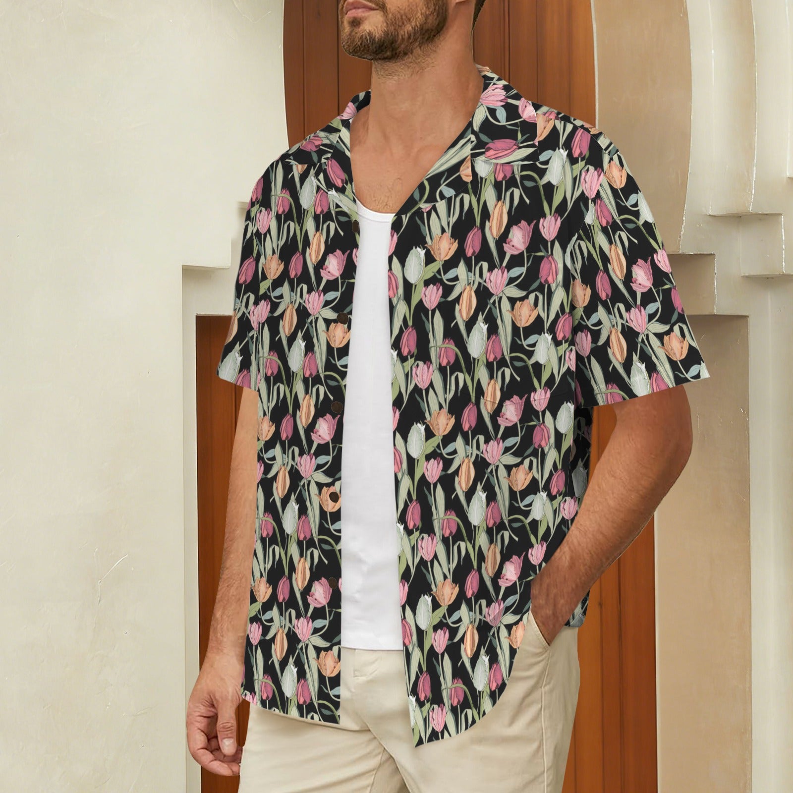 Tulips Men's Short Sleeve Hawaiian Shirt Men's Hawaiian Shirt (New) Plants Printed Offshore