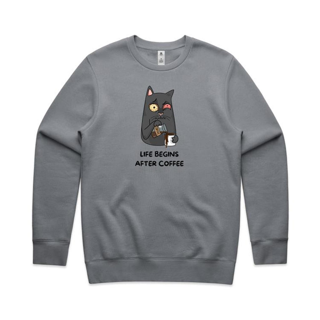 Life Begins After Coffee, Cat - AS Colour Stencil Crew Sweatshirt Gravel Sweatshirt Printed In Australia