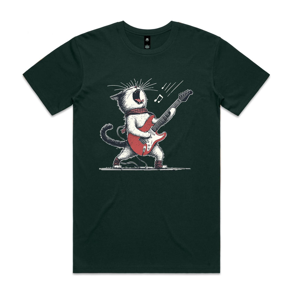 Cat Playing Guitar Men's AS Colour T-shirt Pine Green Mens T-shirt animal Music Printed In Australia