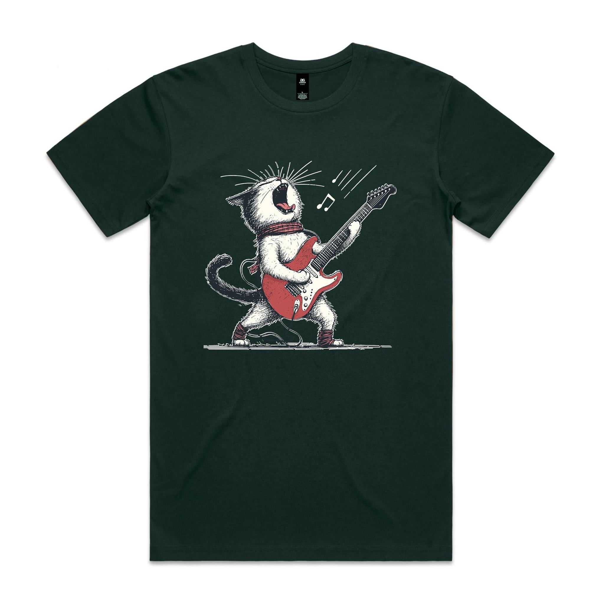 Cat Playing Guitar Men's AS Colour T-shirt Pine Green Mens T-shirt animal Music Printed In Australia