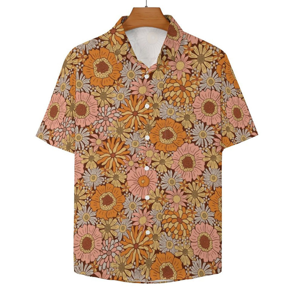 Orange Retro Floral Women's Short-Sleeve Button Up Shirt