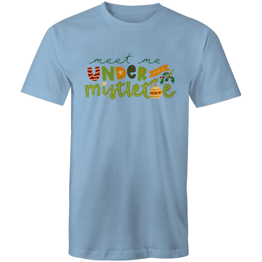 Meet Me Under The Mistletoe, Christmas - Mens T-Shirt Carolina Blue Mens Christmas T-shirt Christmas Printed In Australia