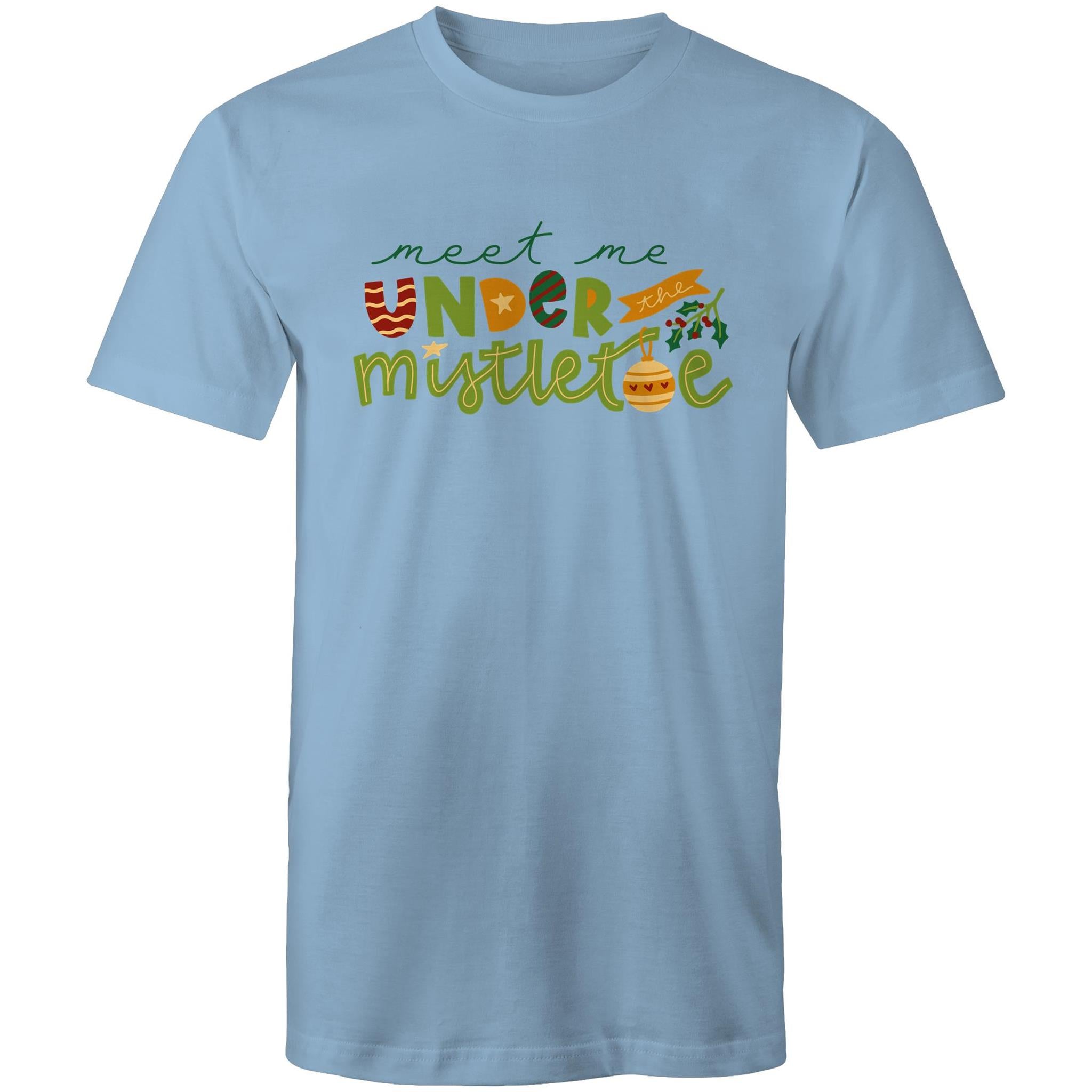 Meet Me Under The Mistletoe, Christmas - Mens T-Shirt Carolina Blue Mens Christmas T-shirt Christmas Printed In Australia