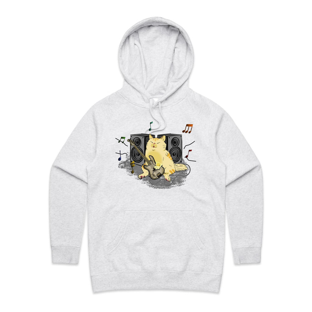 Cat Bass Player - Womens Hoodie White Marle Womens Hoodie animal Music Printed In Australia