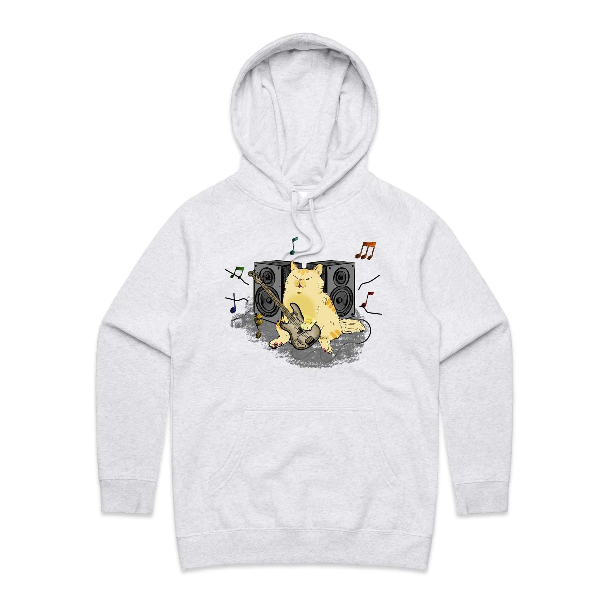 Cat Bass Player - Womens Hoodie White Marle Womens Hoodie animal Music Printed In Australia