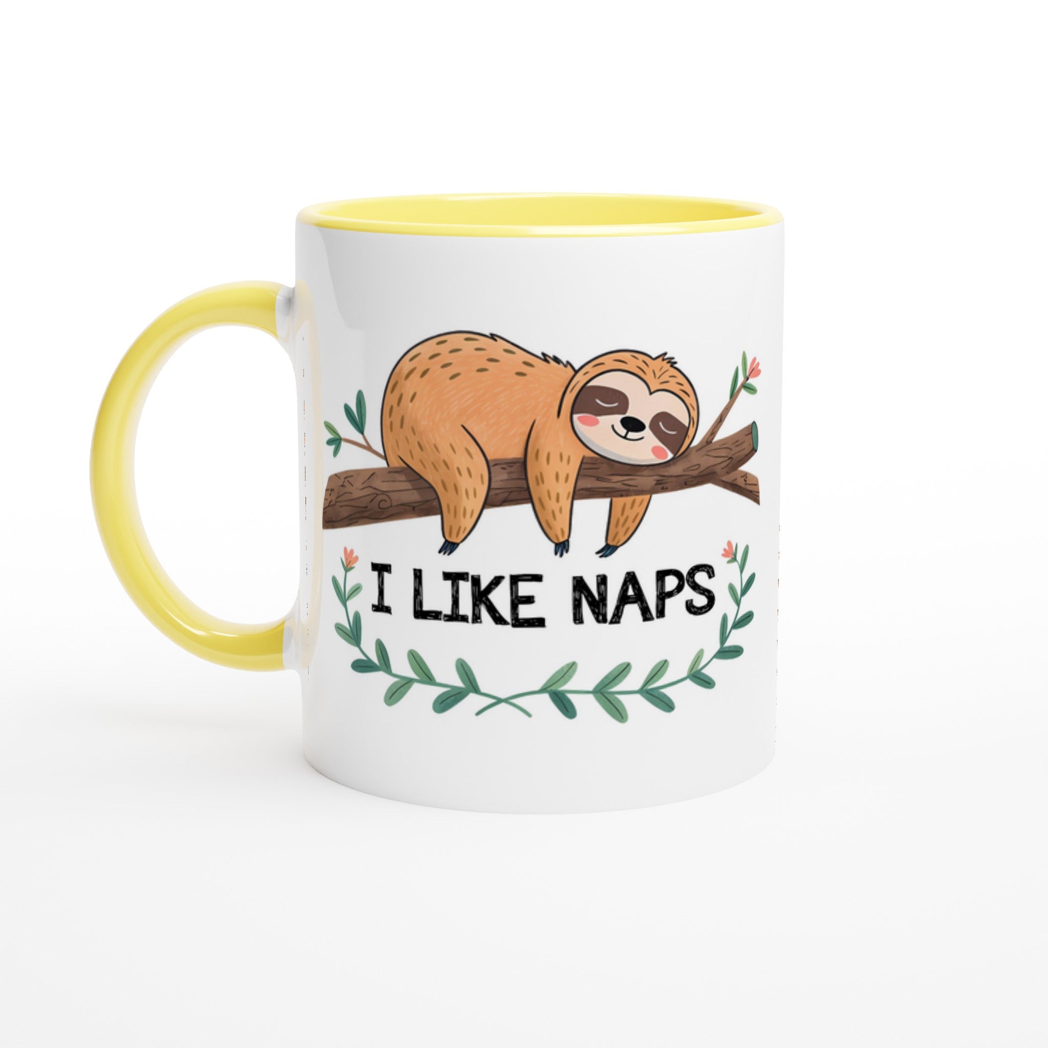 Sloth, I Like Naps - White 11oz Ceramic Mug with Colour Inside Ceramic Yellow Colour 11oz Mug animal Globally Fulfilled