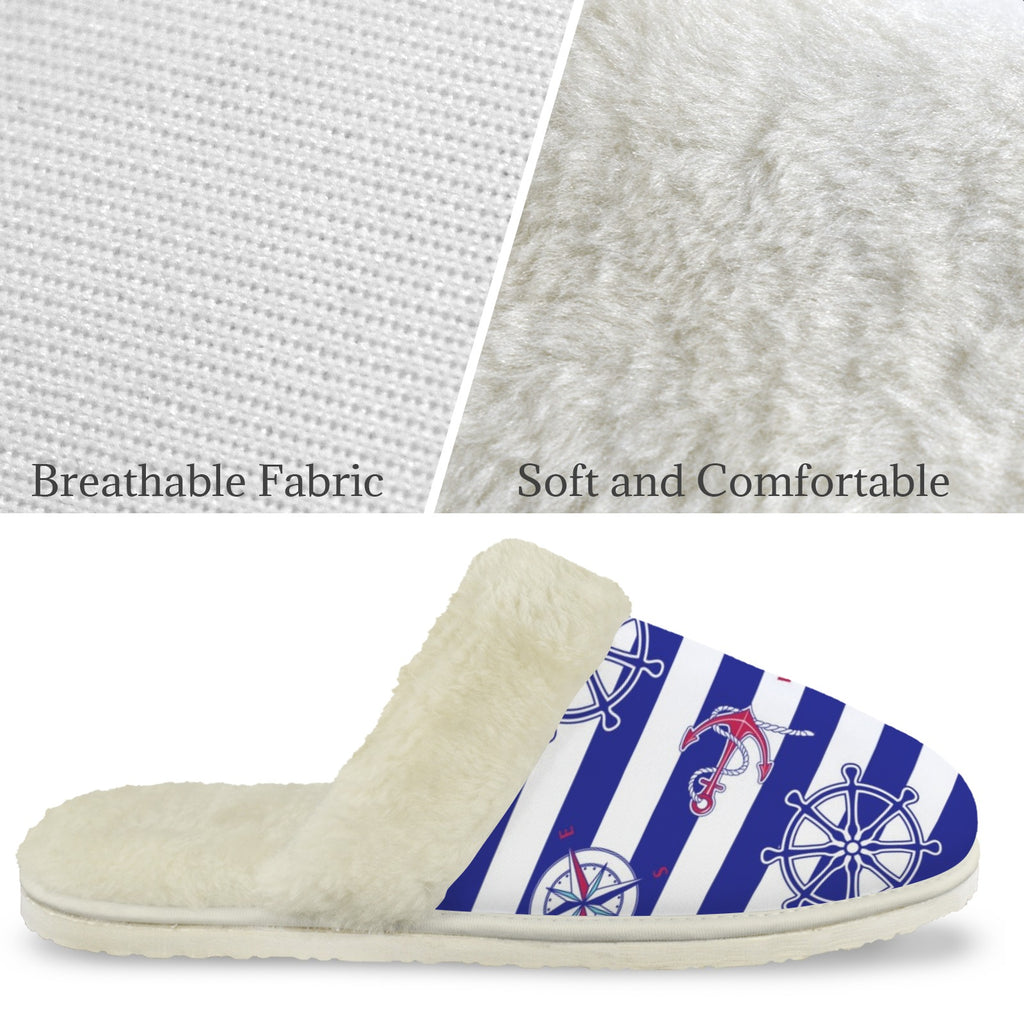 Anchors Away Men's Fur Trim Thick-Sole Indoor Slippers Men's Fur Trimmed Slippers Ocean Printed Offshore
