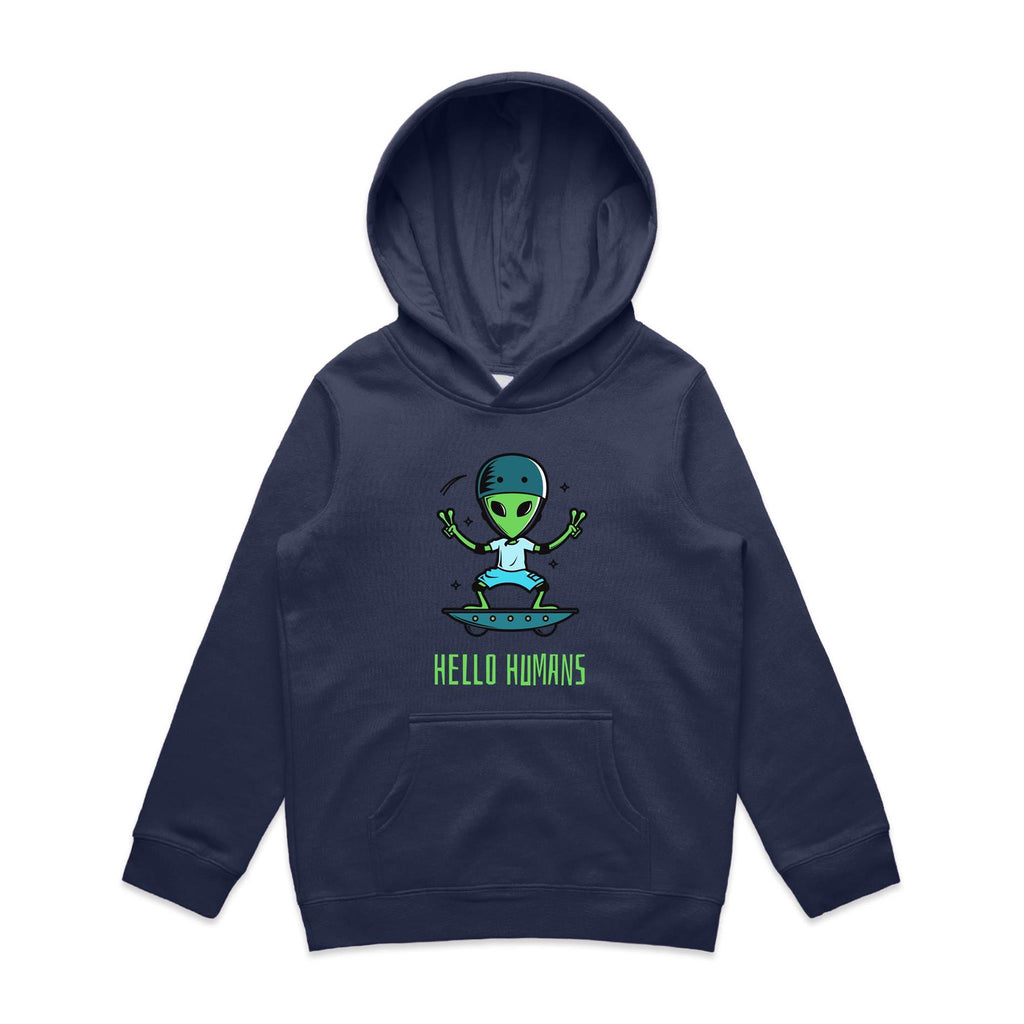 Alien Skate, Hello Humans - Kids Hoodie Midnight Blue Kids Hoodie Printed In Australia