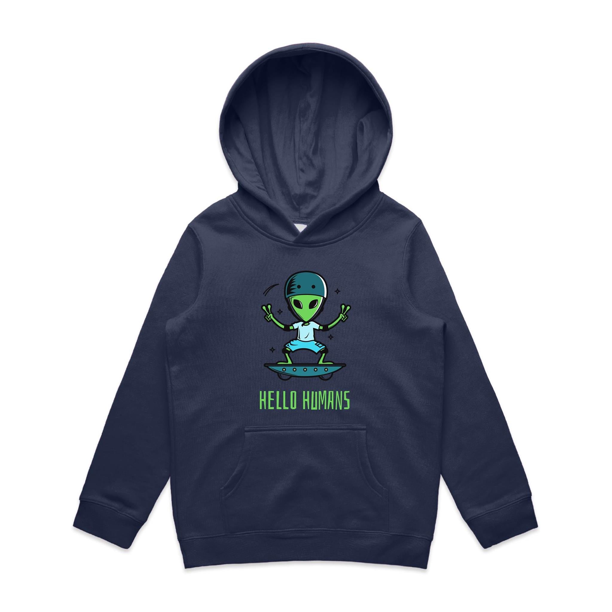 Alien Skate, Hello Humans - Kids Hoodie Midnight Blue Kids Hoodie Printed In Australia