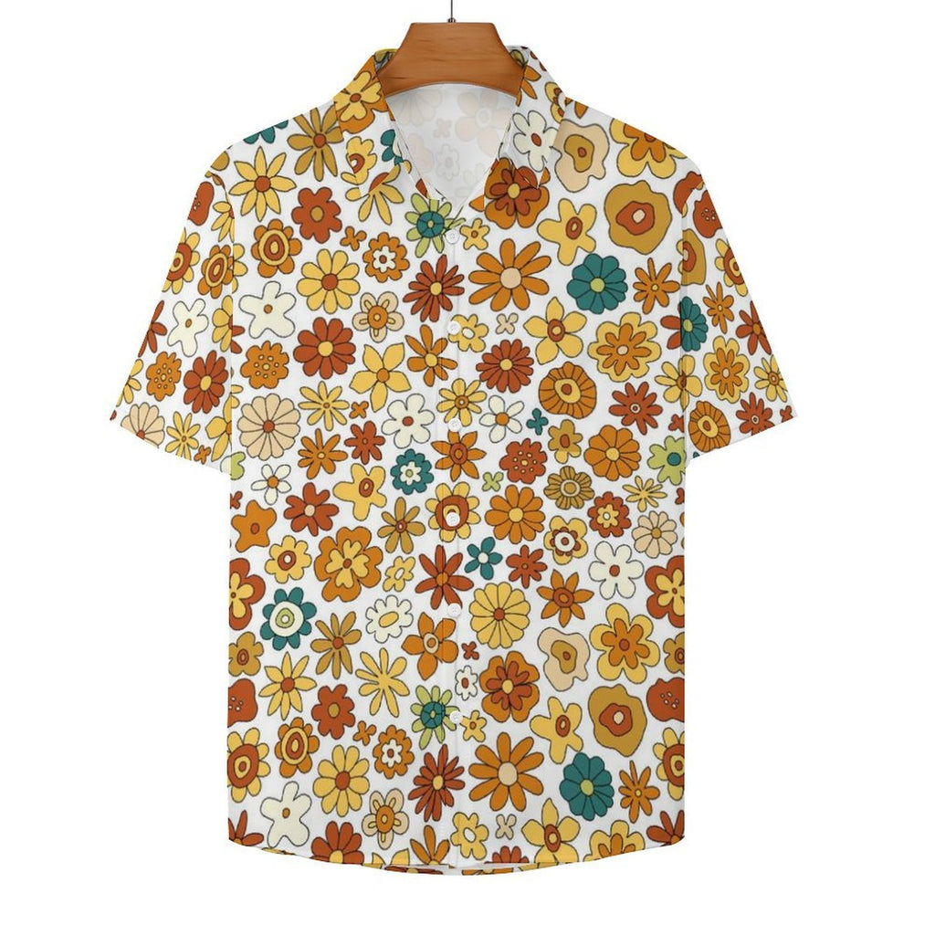 70's Style Floral Women's Collared Pocketless Short Sleeve Shirt