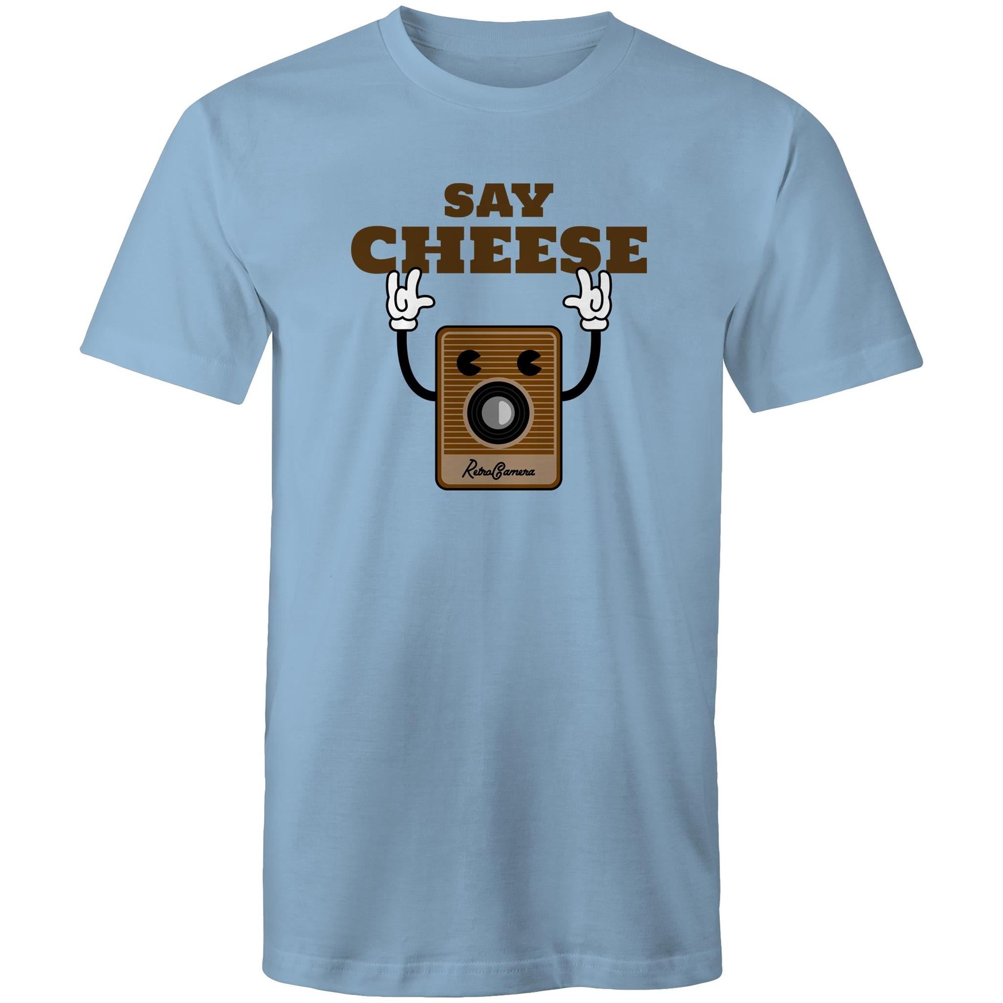 Say Cheese, Vintage Camera - Mens T-Shirt Carolina Blue Mens T-shirt Printed In Australia Retro