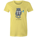 Not Before My Coffee, Cranky Cat - Womens T-shirt Yellow Womens T-shirt Coffee Printed In Australia