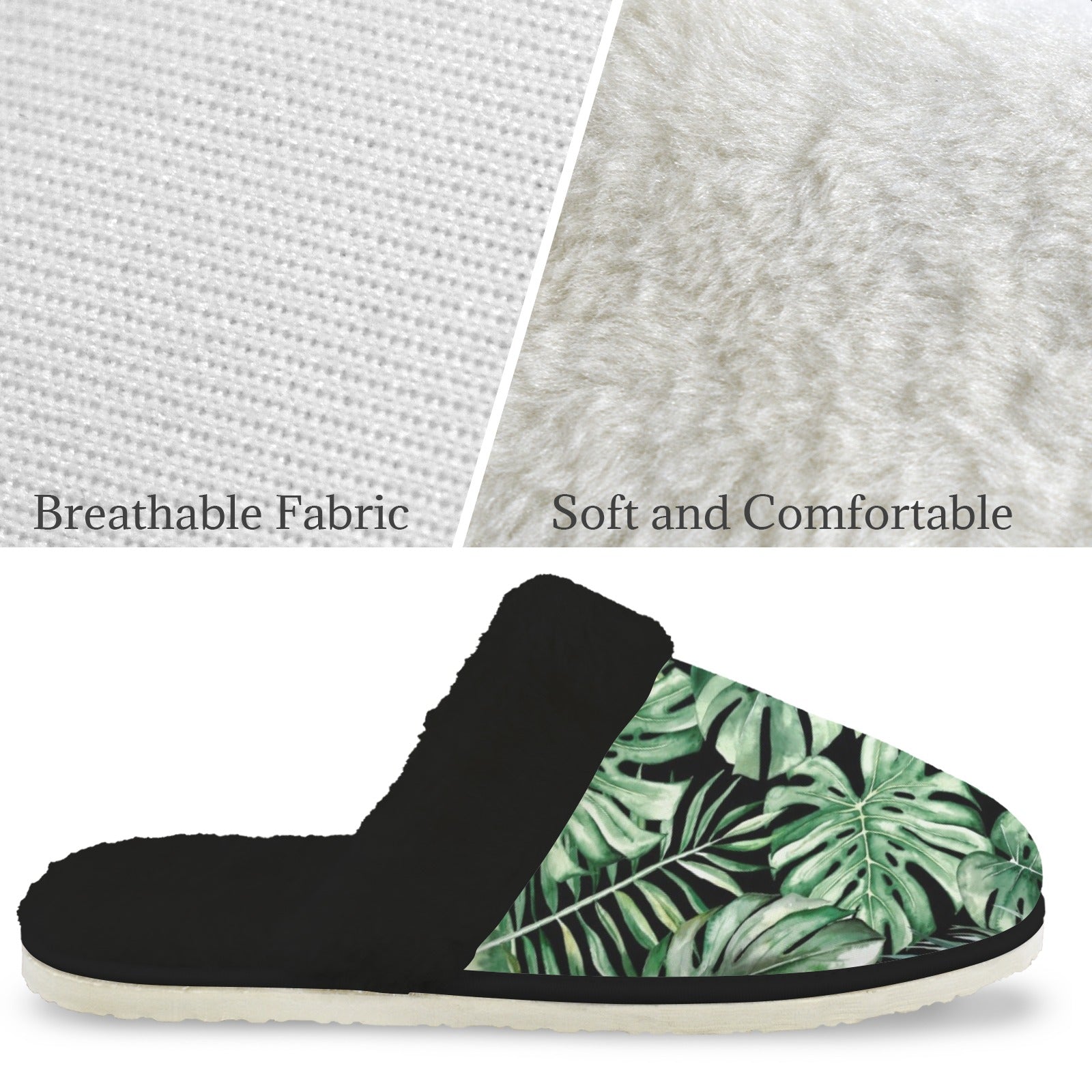 Jungle Leaves Men's Fur Trim Thick-Sole Indoor Slippers Men's Fur Trimmed Slippers Plants Printed Offshore