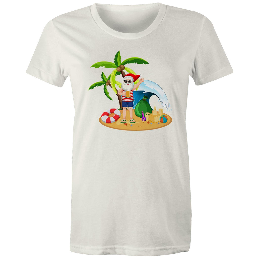 Summer Surf Santa - Womens T-shirt Natural Womens Christmas T-shirt Christmas Printed In Australia