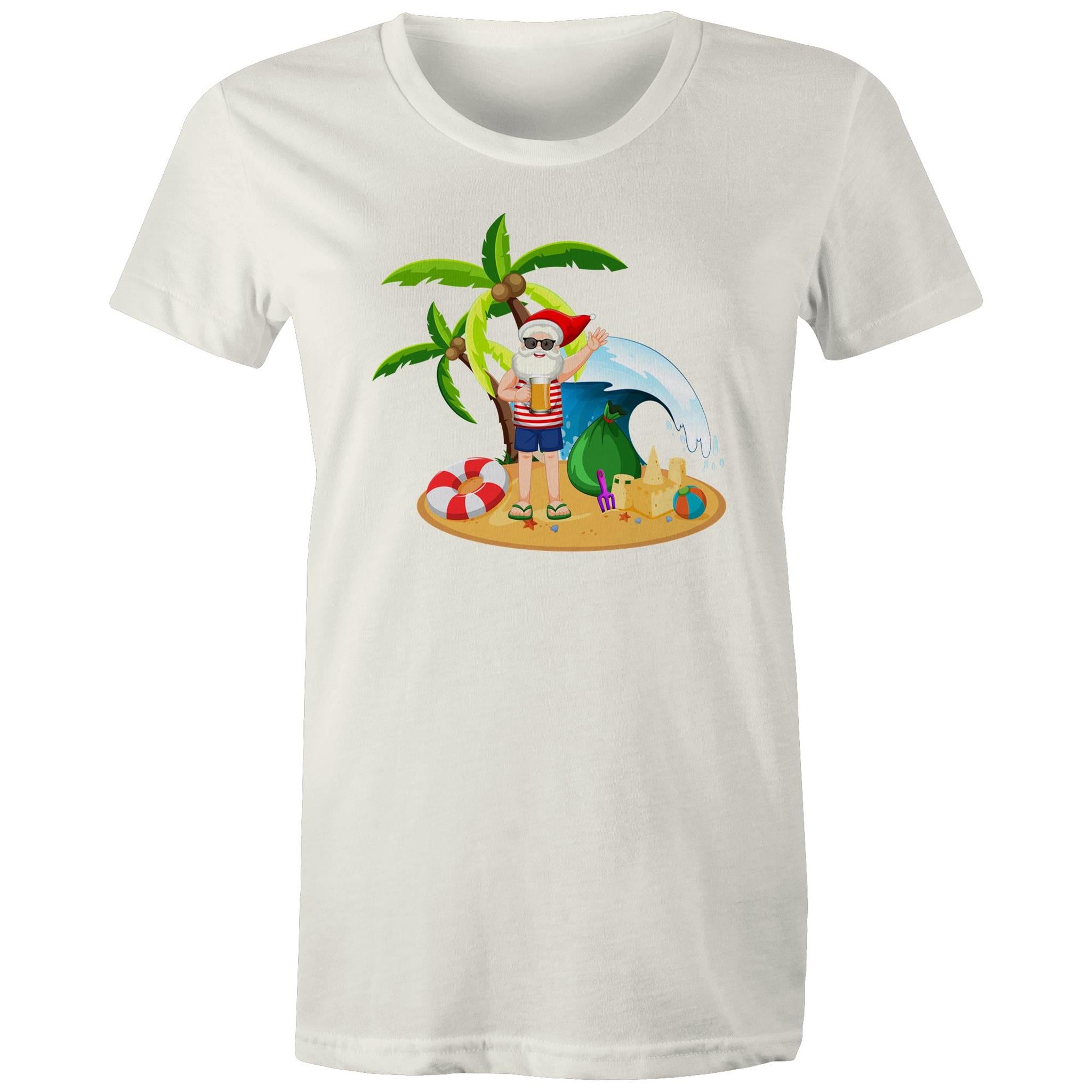 Summer Surf Santa - Womens T-shirt Natural Womens Christmas T-shirt Christmas Printed In Australia
