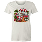 Santa By The Beach - Womens T-shirt Natural Womens Christmas T-shirt Christmas Printed In Australia
