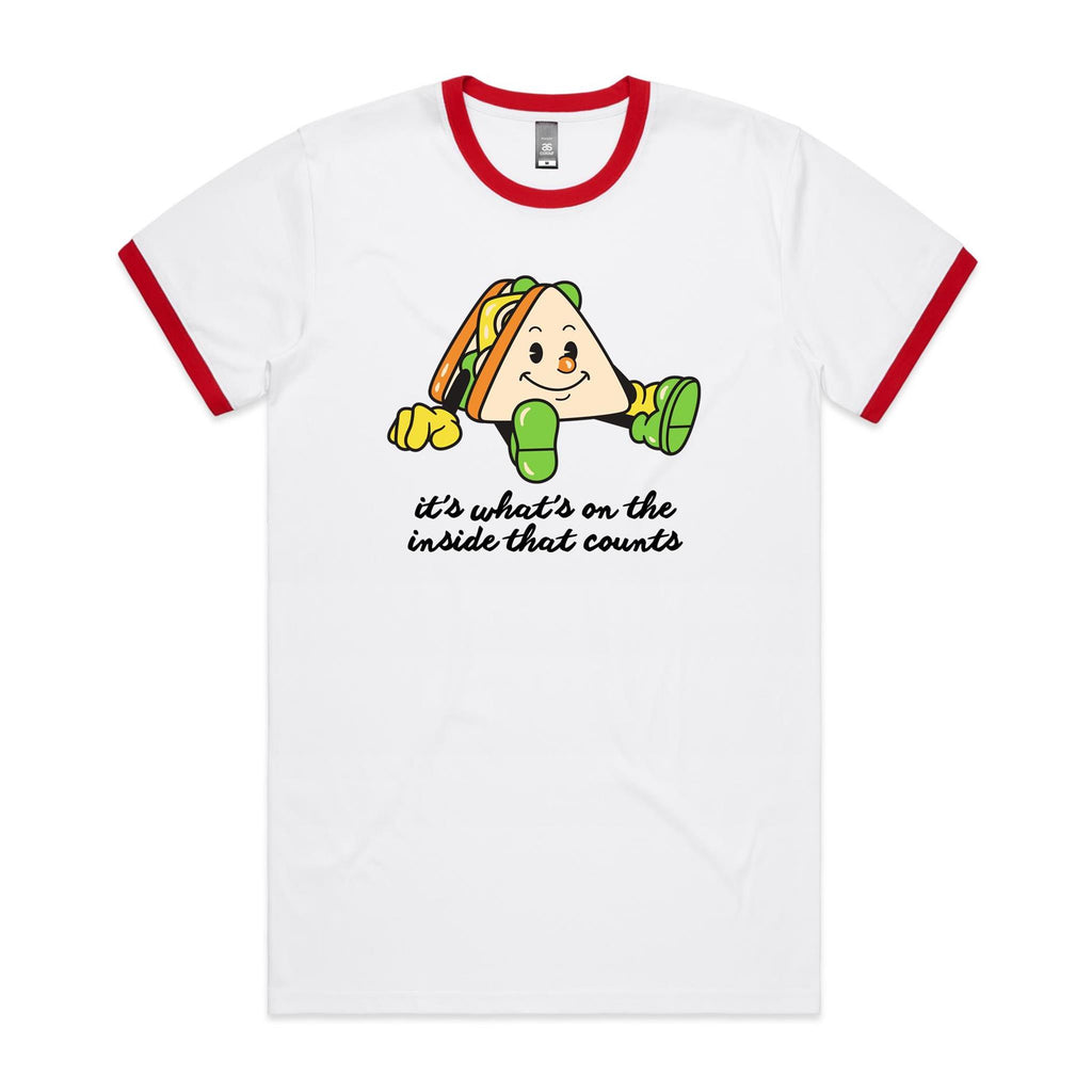 Sandwich, It's What's On The Inside That Counts - Staple Ringer Tee White Red Ringer T-Shirt Food Positivity Printed In Australia