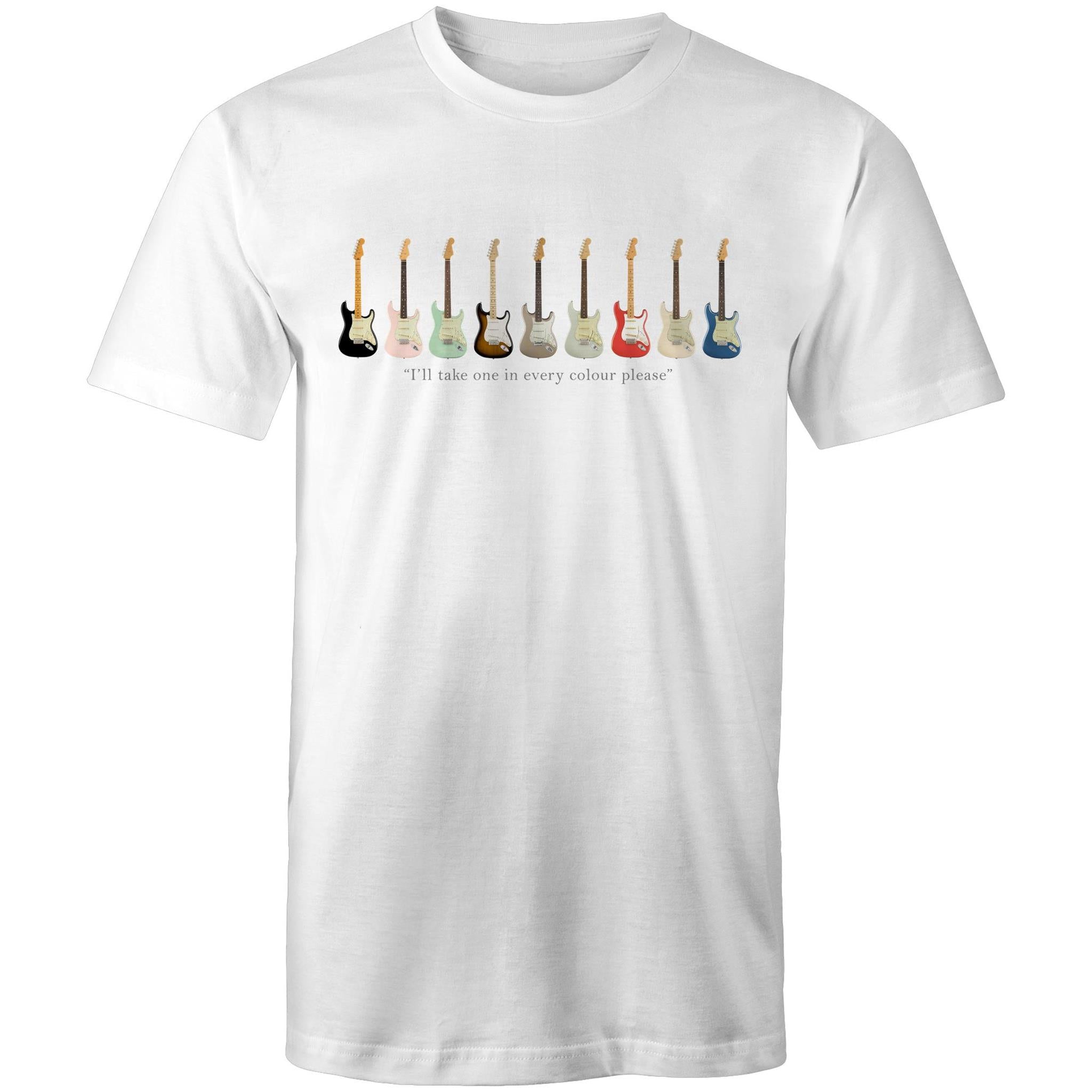 Guitars, I'll Take One In Every Colour - Mens T-Shirt White Mens T-shirt Music Printed In Australia