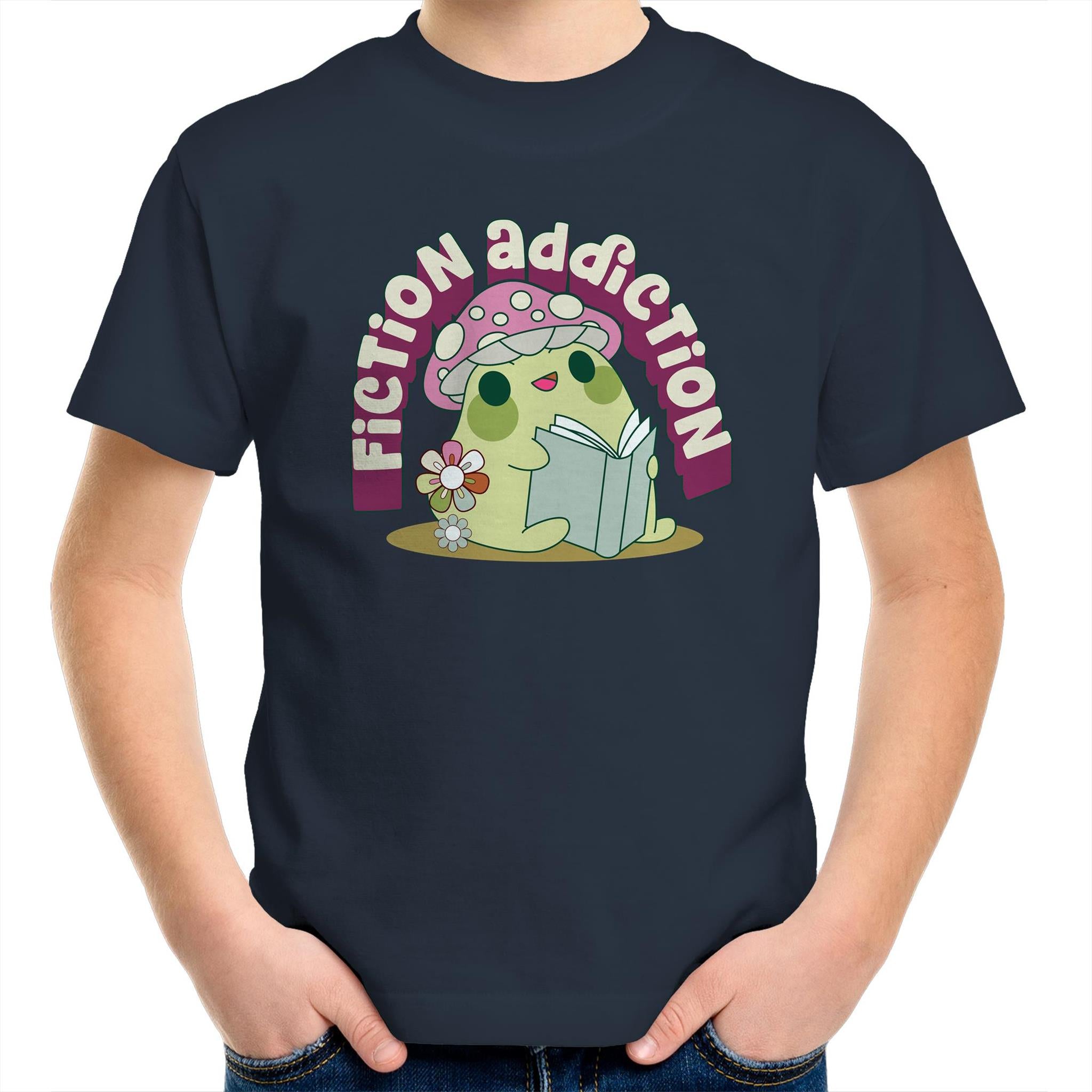 Fiction Addiction - Kids Youth T-shirt Navy Kids Youth T-shirt Printed In Australia Reading