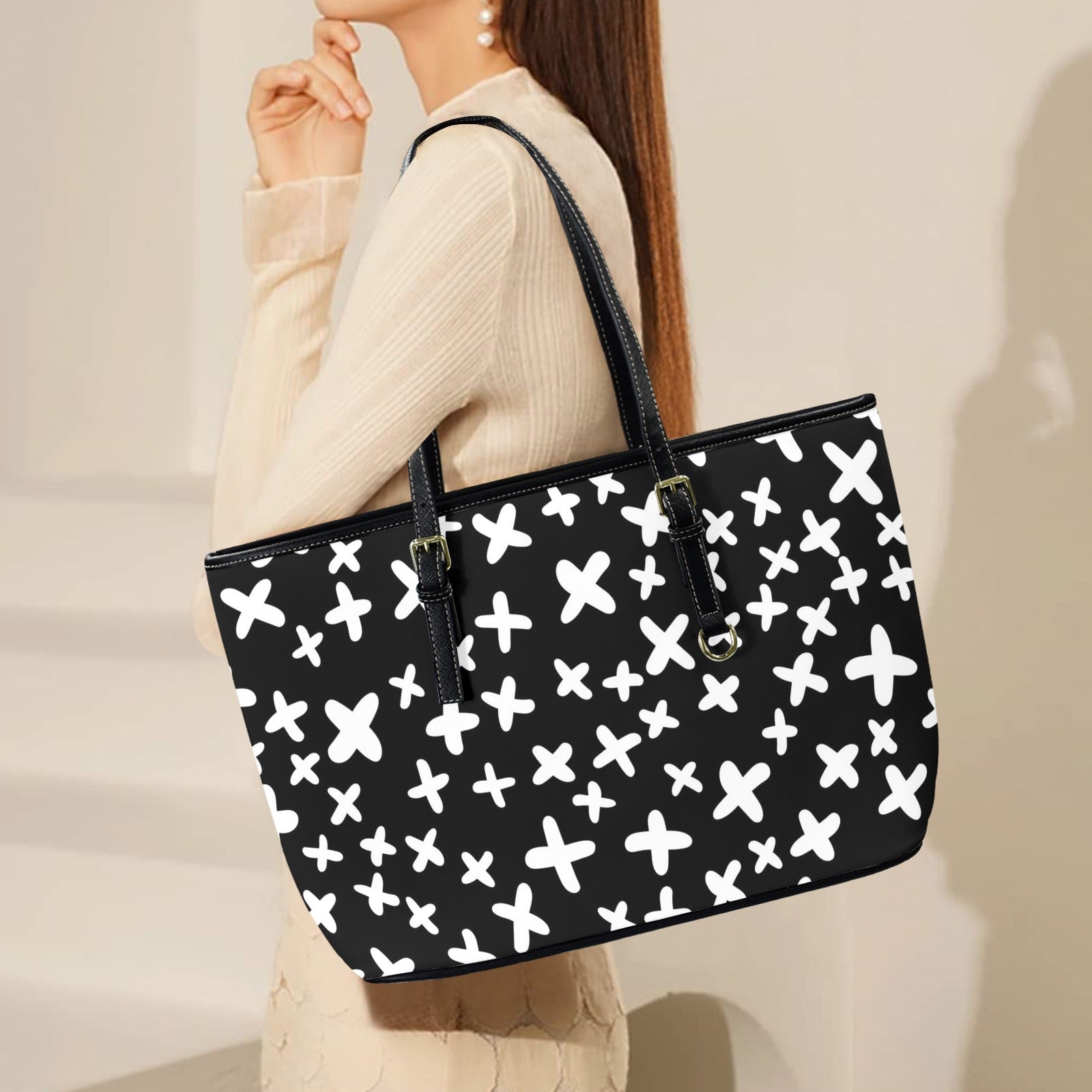 Black And White X's PU Leather Tote Bag Large Leather Tote Bag-Large Printed Offshore