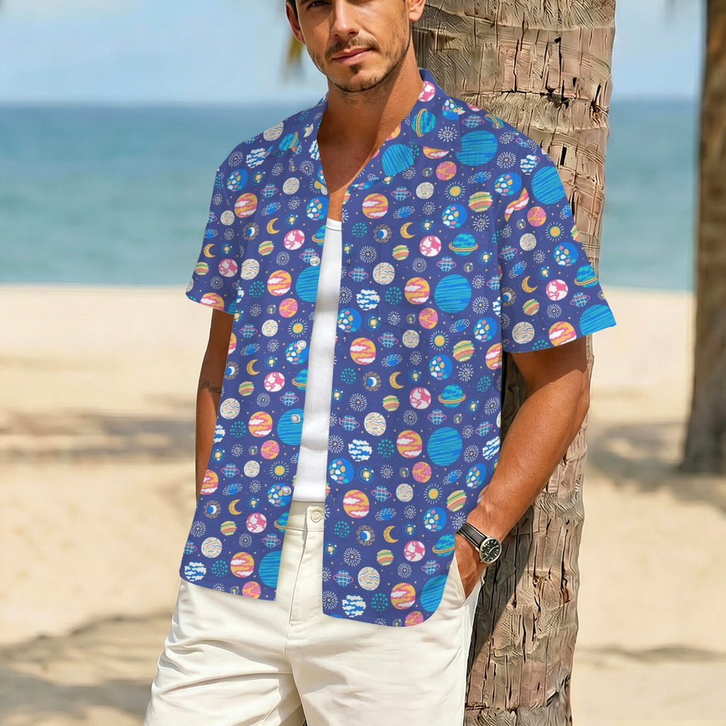 Planets On Blue Men's Crinkle Hawaiian Shirt