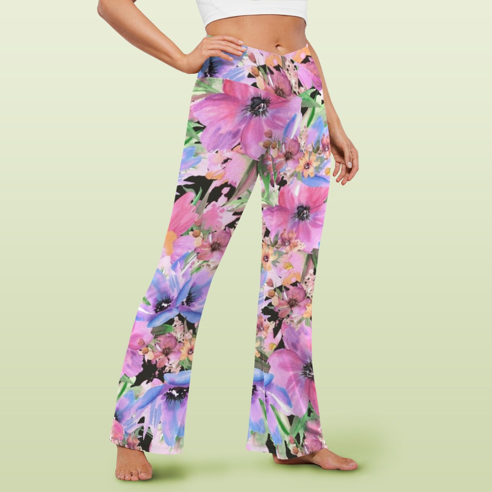 Bright Pink Floral High Waist Crossover Tummy Control Flare Leggings High Waist Flare Leggings Plants Printed Offshore