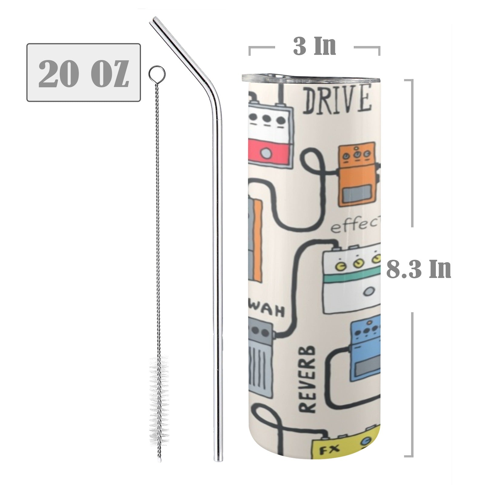Guitar Pedals 20oz Tall Skinny Tumbler with Lid and Straw