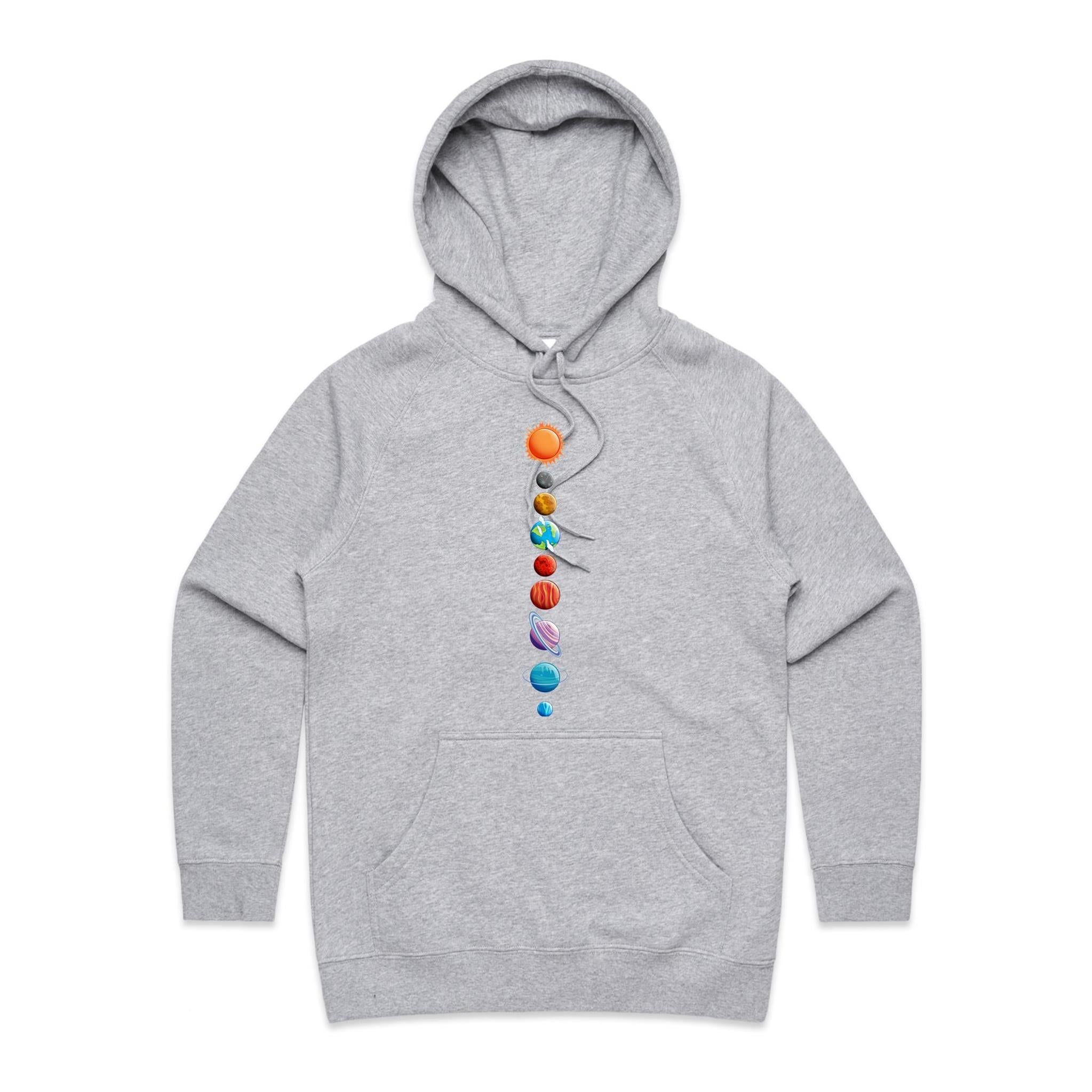 Our Solar System - Womens Hoodie Grey Marle Womens Hoodie Printed In Australia Space