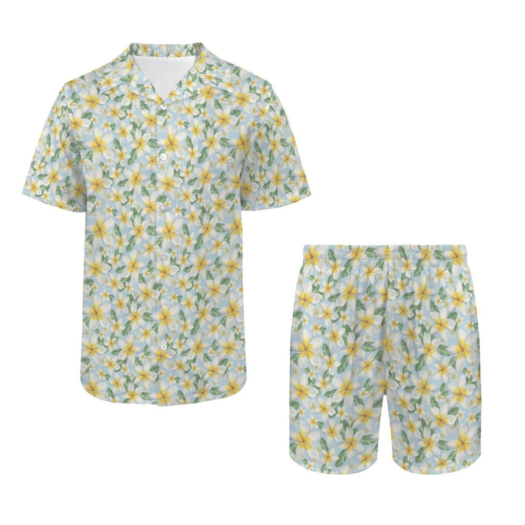 Delicate Frangipani Men's Hawaiian Shirt & Shorts Set Men's Hawaiian Shirt & Shorts Set Plants Printed Offshore