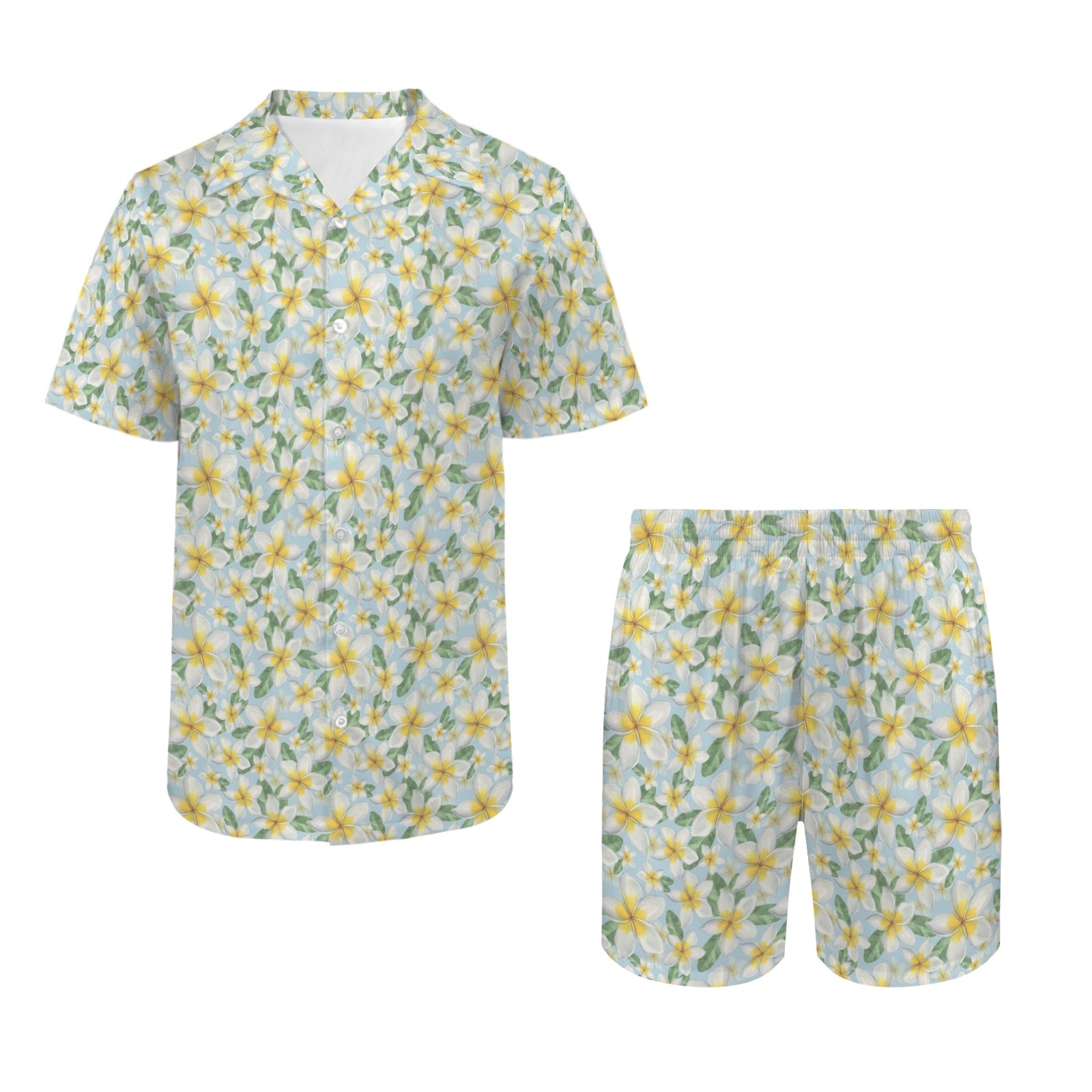 Delicate Frangipani Men's Hawaiian Shirt & Shorts Set Men's Hawaiian Shirt & Shorts Set Plants Printed Offshore