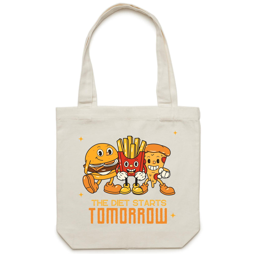 The Diet Starts Tomorrow, Hamburger, Fries, Pizza - Canvas Tote Bag Cream One Size Tote Bag Printed In Australia