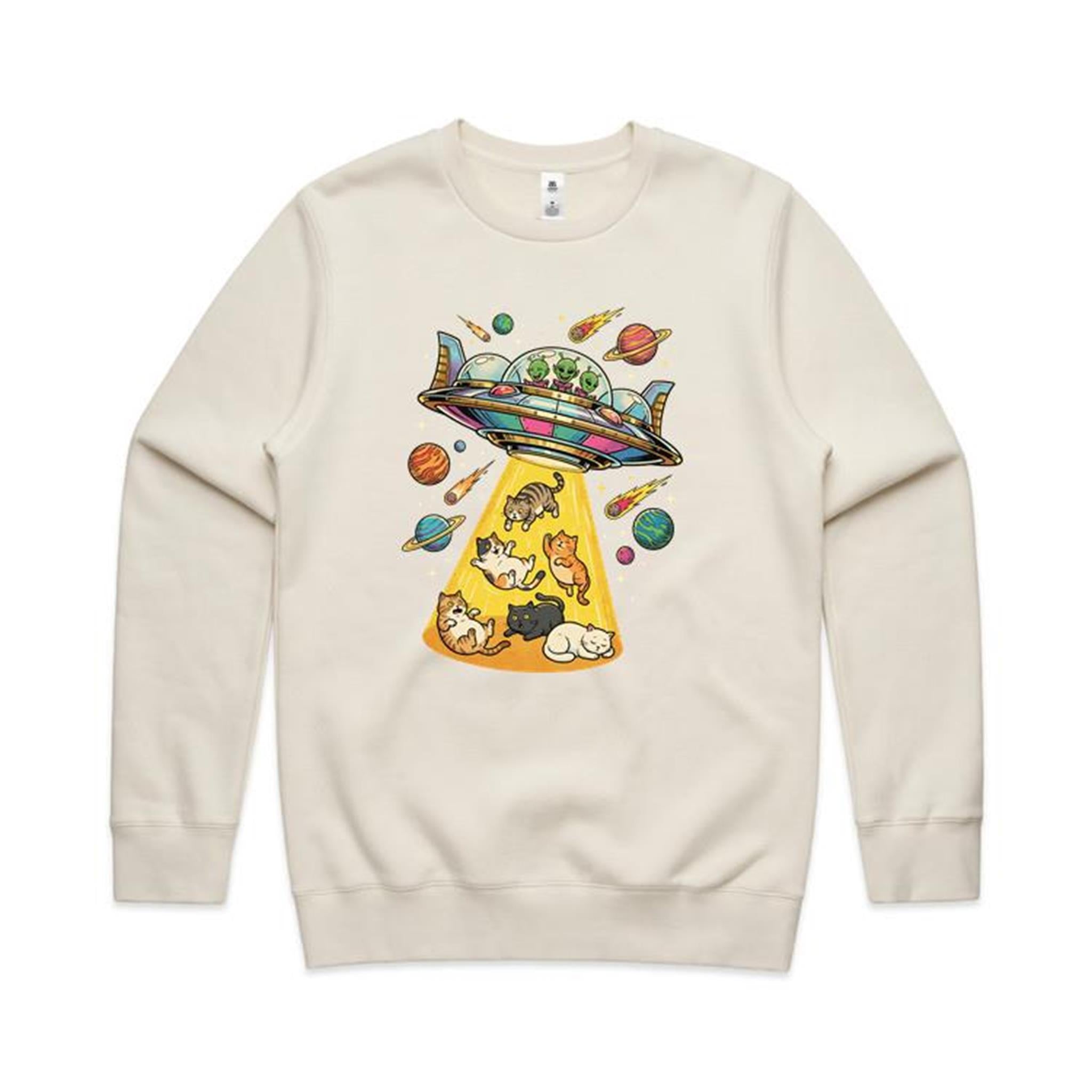 UFO Cat Abduction AS Colour Stencil Crew Sweatshirt Unisex Ecru Sweatshirt animal Printed In Australia Sci Fi