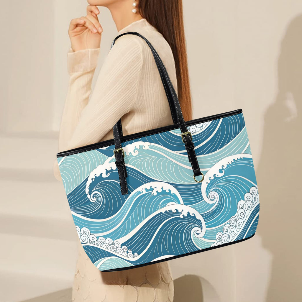 Ocean Waves PU Leather Tote Bag Large Leather Tote Bag-Large Ocean Printed Offshore