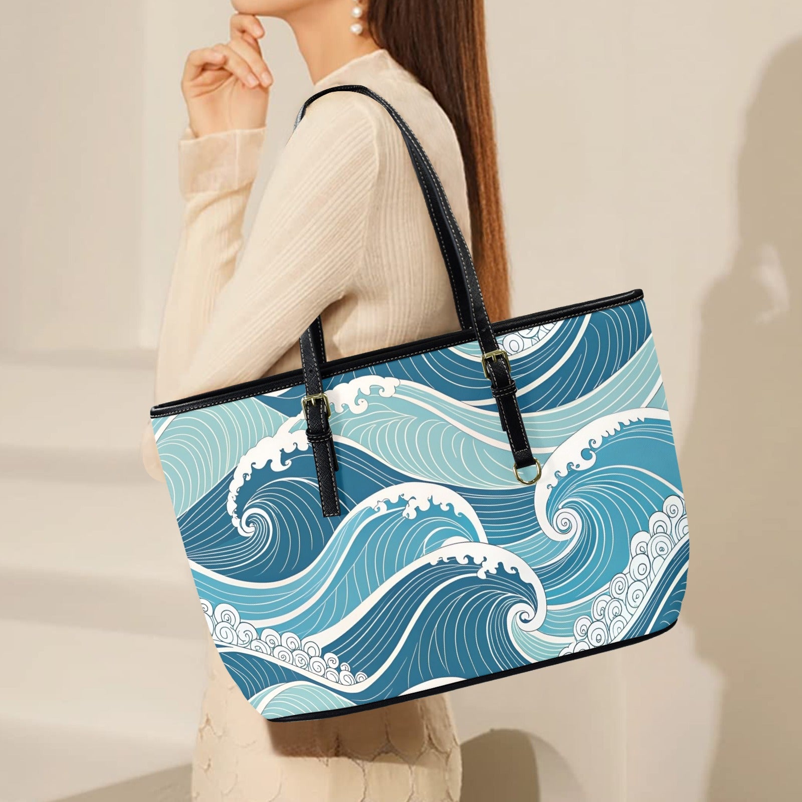 Ocean Waves PU Leather Tote Bag Large Leather Tote Bag-Large Ocean Printed Offshore