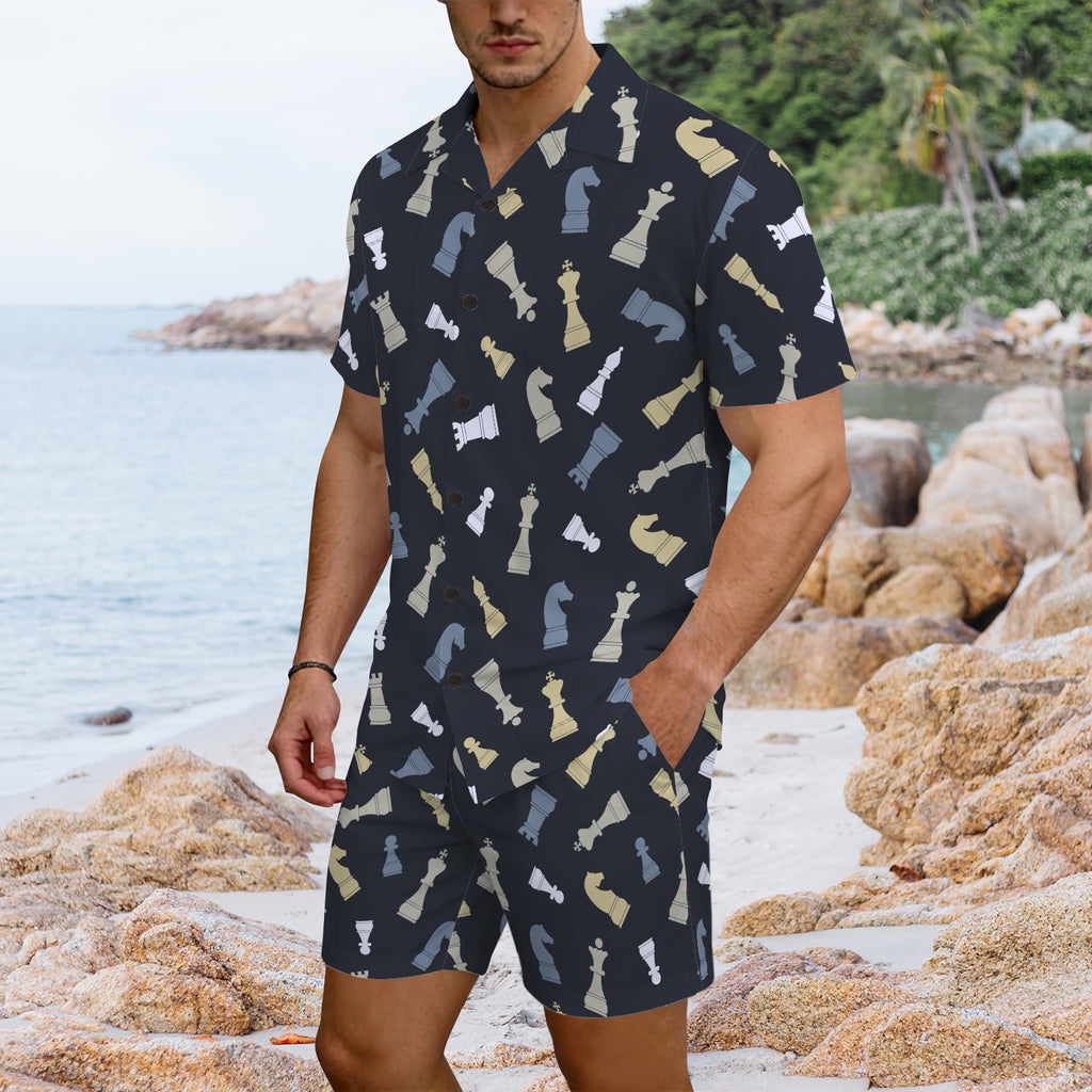 Chess Pattern - Men's Hawaiian Shirt & Shorts Set Men's Hawaiian Shirt & Shorts Set Chess Games Printed Offshore