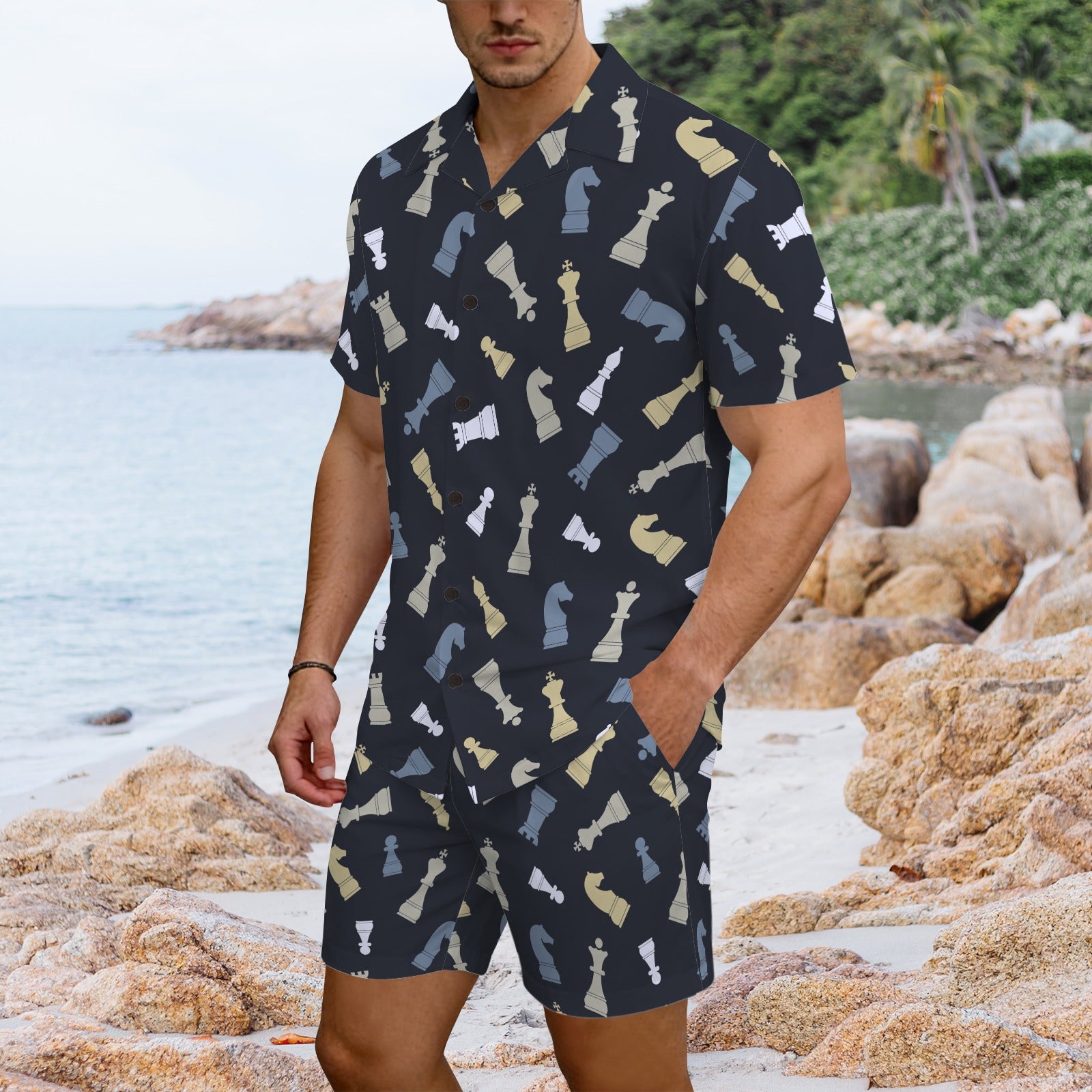 Chess Pattern - Men's Hawaiian Shirt & Shorts Set Men's Hawaiian Shirt & Shorts Set Chess Games Printed Offshore