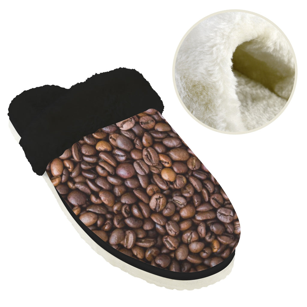 Coffee Beans Men's Fur Trim Thick-Sole Indoor Slippers Men's Fur Trimmed Slippers Coffee Printed Offshore