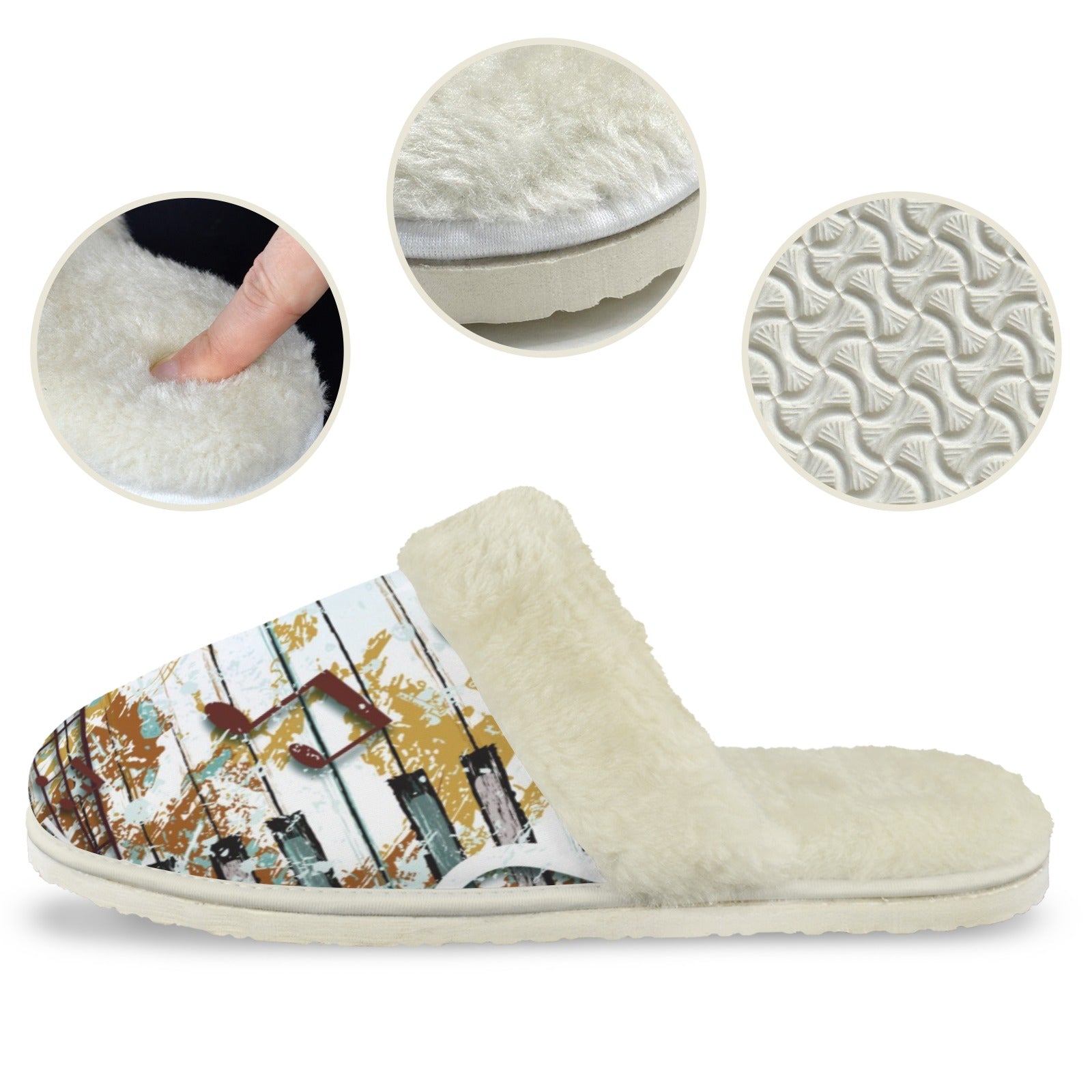 Music Graphic Men's Fur Trim Thick-Sole Indoor Slippers Men's Fur Trimmed Slippers Music Printed Offshore