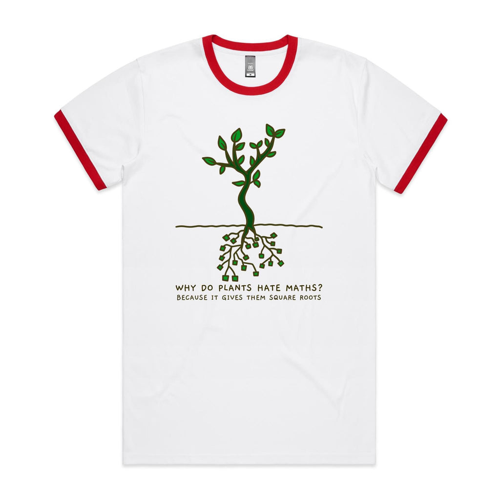 Square Roots, Maths Pun - Staple Ringer Tee White Red Ringer T-Shirt Maths Printed In Australia