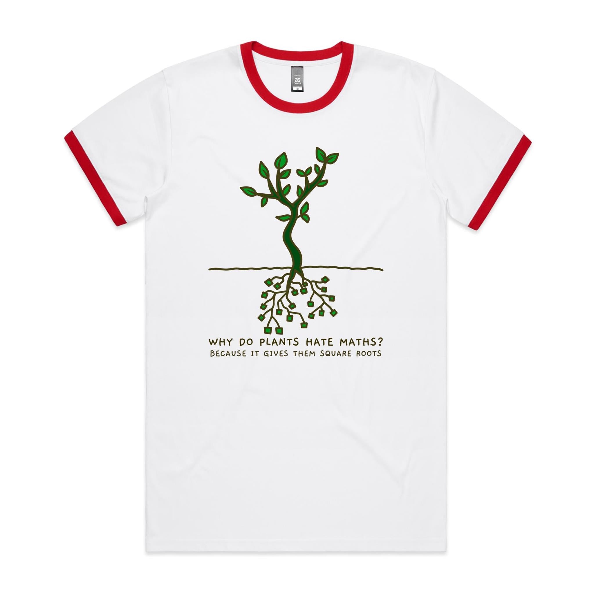 Square Roots, Maths Pun - Staple Ringer Tee White Red Ringer T-Shirt Maths Printed In Australia