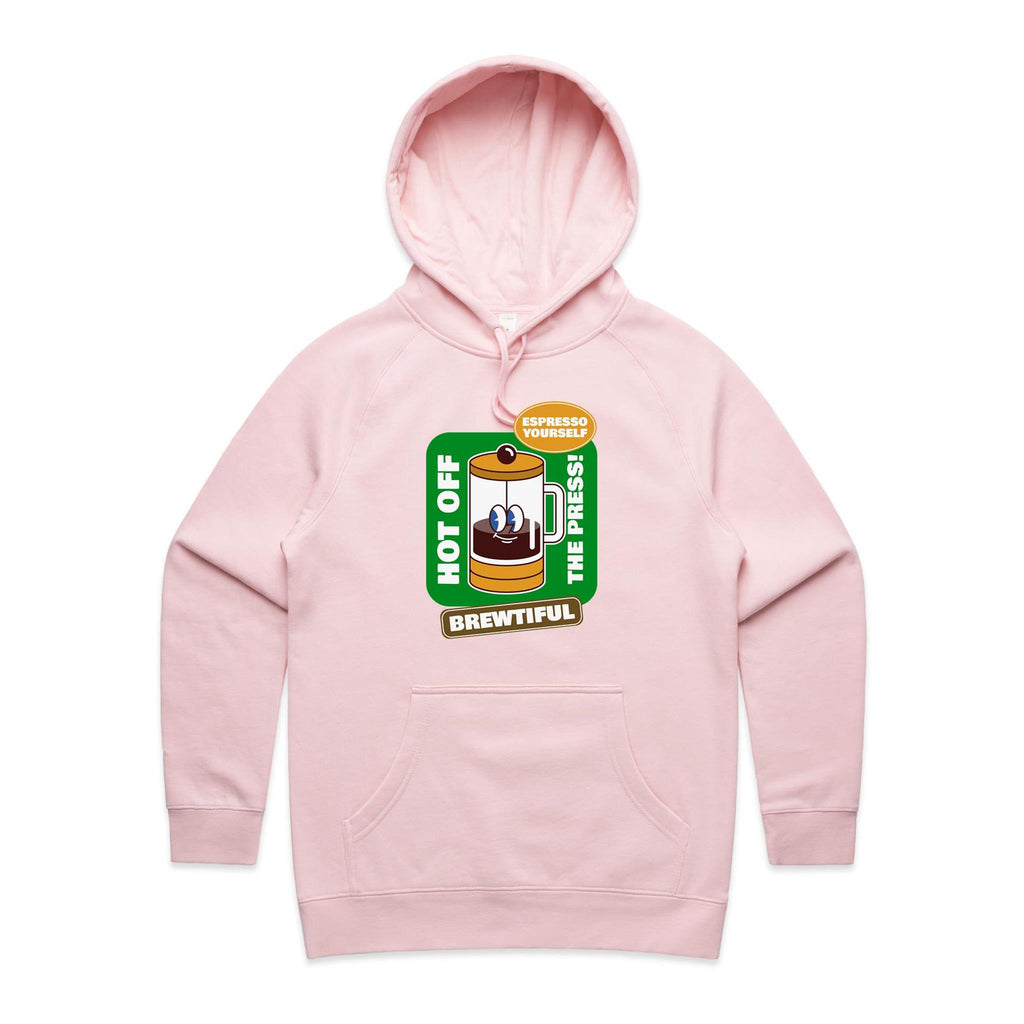Brewtiful, Coffee Press - Womens Hoodie Pink Womens Hoodie Coffee Printed In Australia