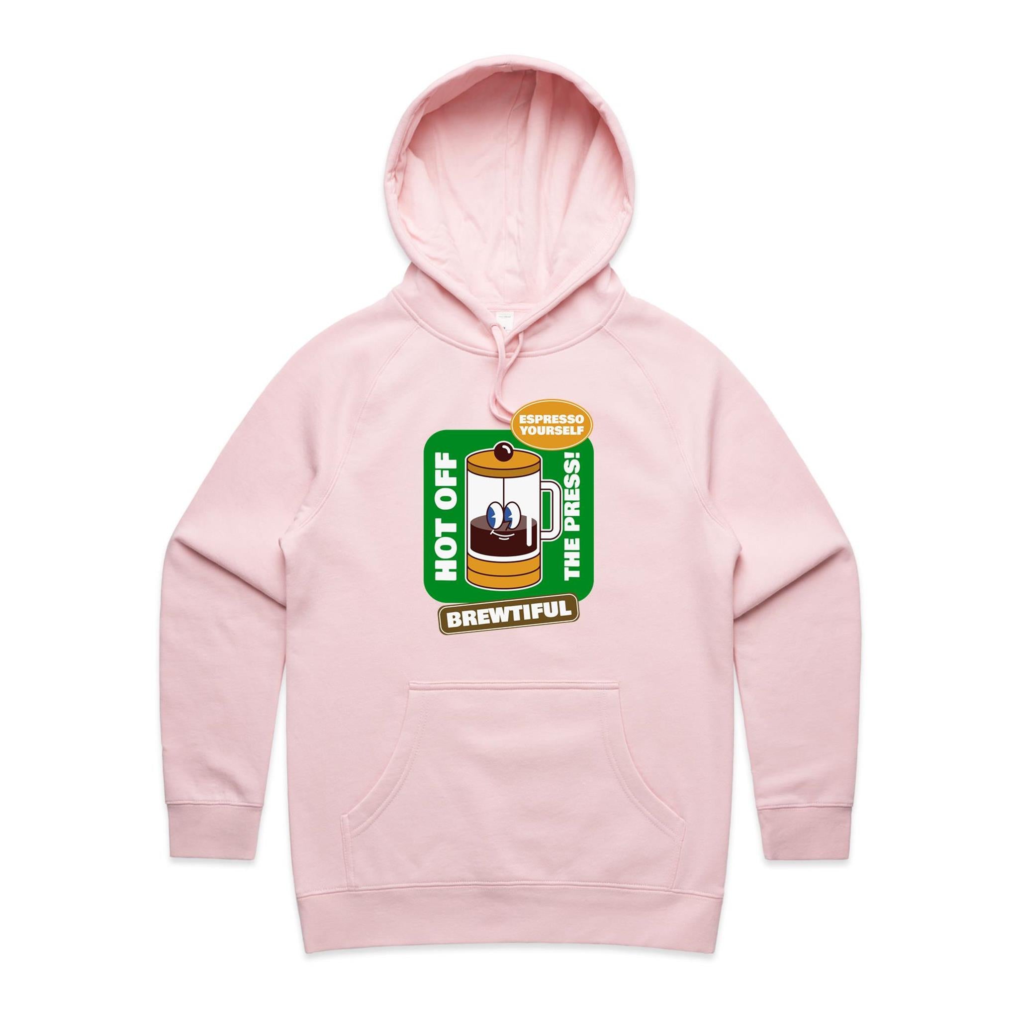 Brewtiful, Coffee Press - Womens Hoodie Pink Womens Hoodie Coffee Printed In Australia